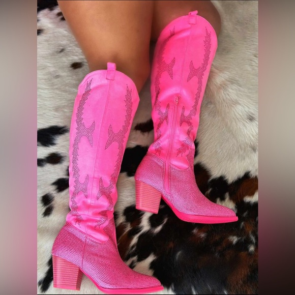 Southern Fried Chics Boutique Shoes - NWT  Pink Julie Rhinestone Wide Calf Boots | Size 7
